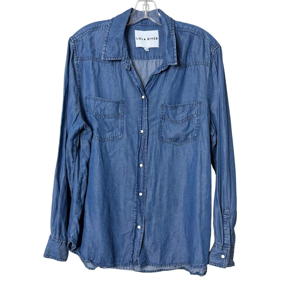 Lola River Button Down Shirt Womens Large Blue Tencel Lyocell Long Sleeve Denim